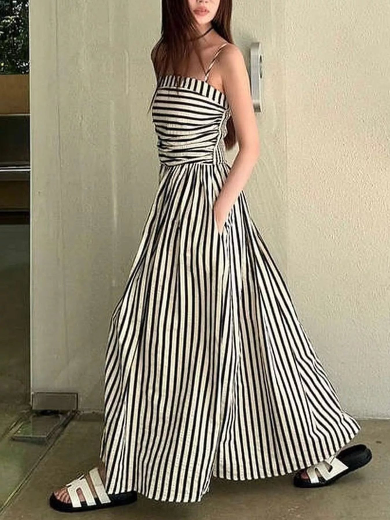 Striped Spaghetti Strap Casual Maxi Dress for Summer Wear, featuring pockets and a relaxed fit.