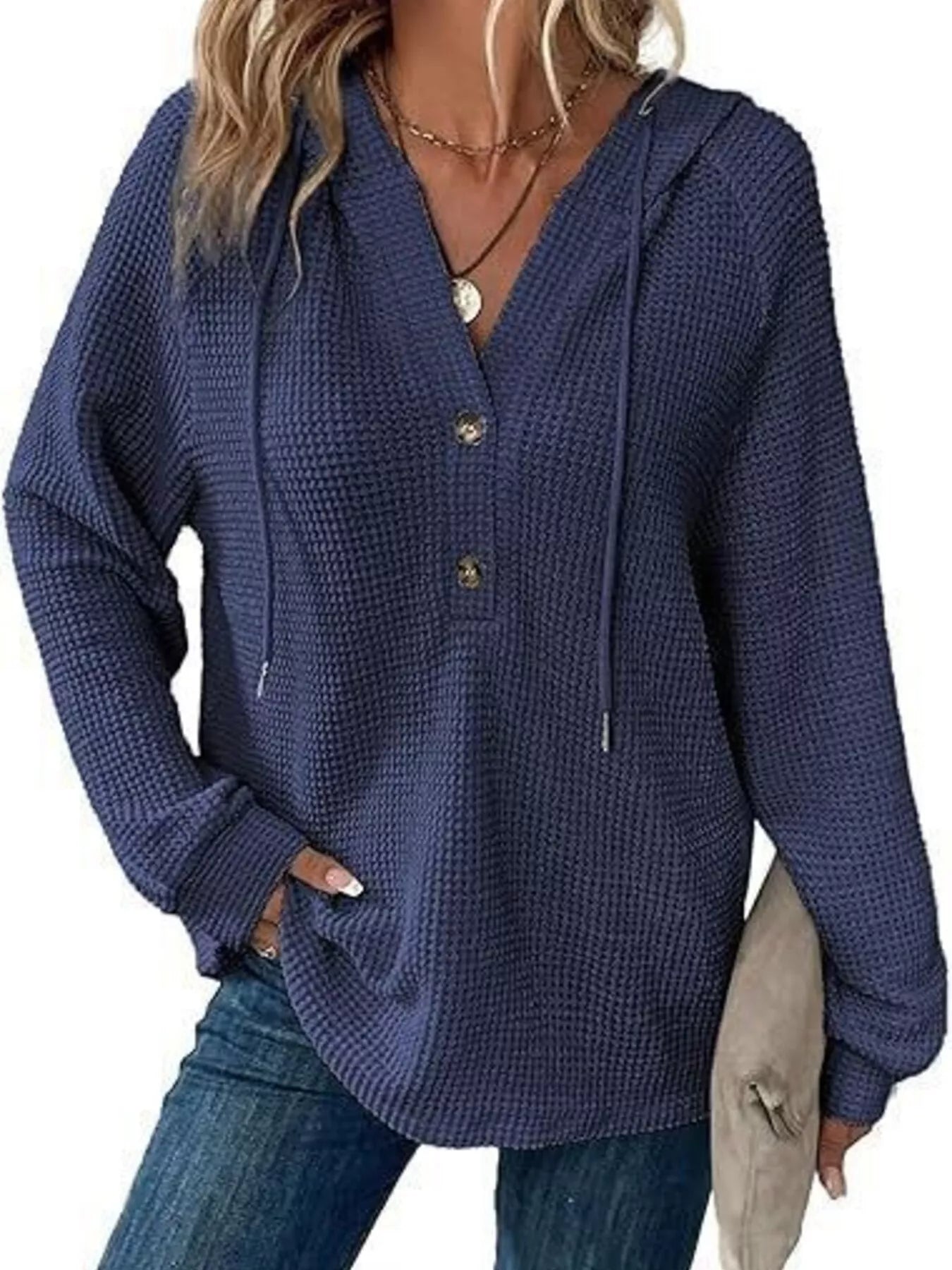 Full Size Button Detail Waffle Knit Hoodie Plus Size in navy, featuring button details and a cozy hood.