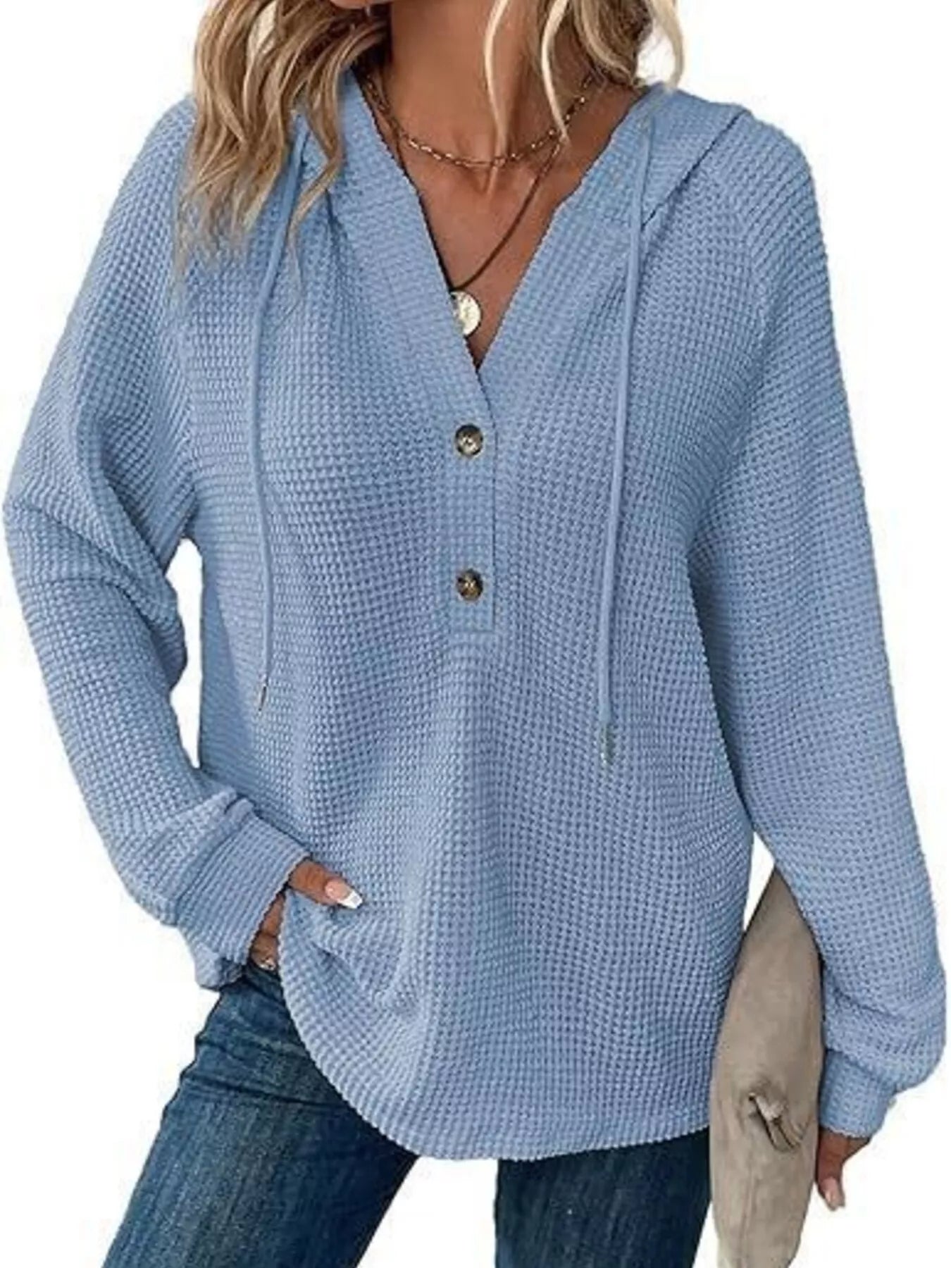Full Size Button Detail Waffle Knit Hoodie Plus Size in light blue with button details and a hood