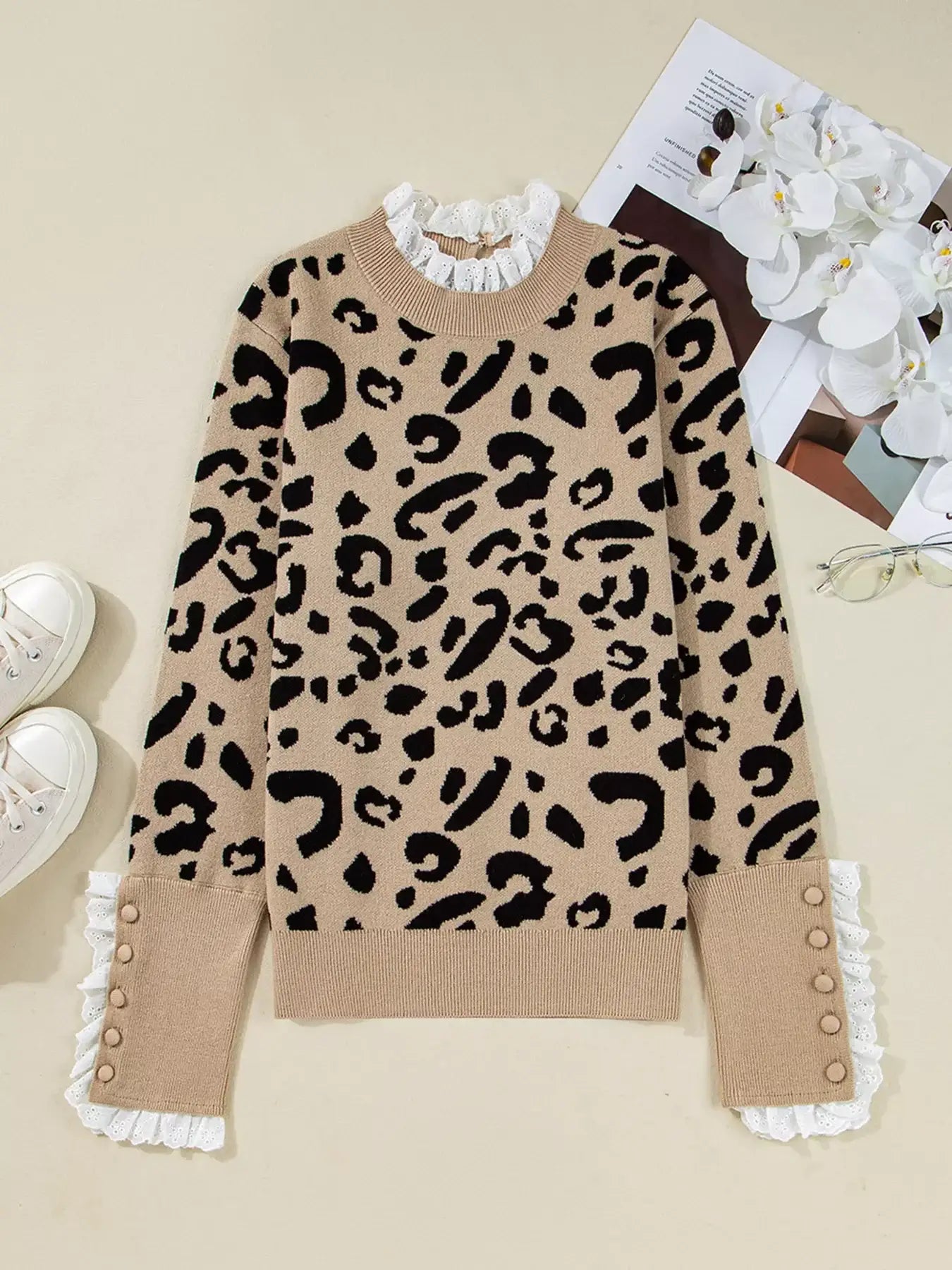 Leopard Pattern Lace Ribbed Detail Button Top featuring a chic leopard pattern and lace accents, perfect for bold style.
