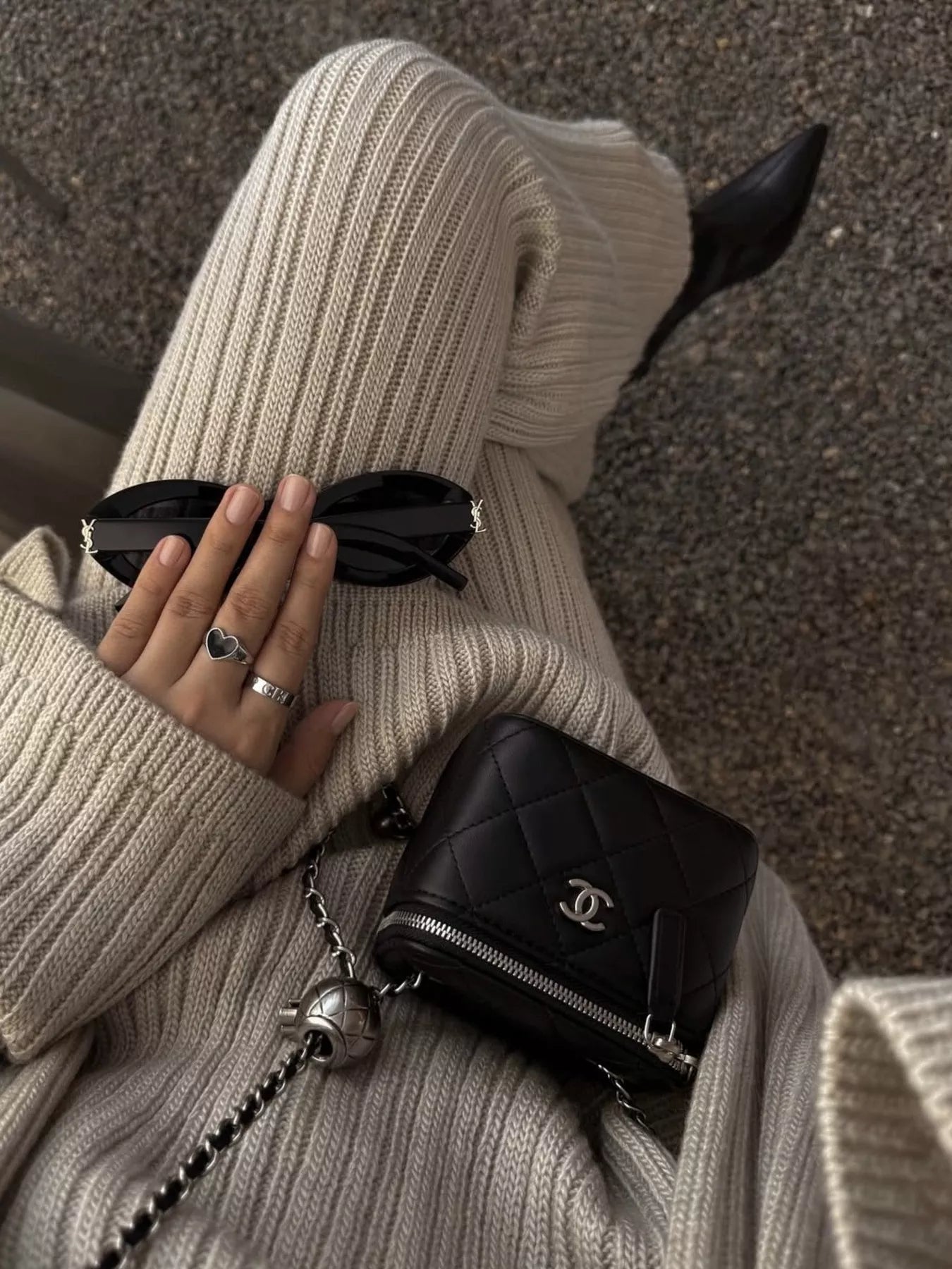 3 Piece Ribbed Sweater and Wide Leg Pants Set with Scarf showcased with accessories including sunglasses and a Chanel bag.