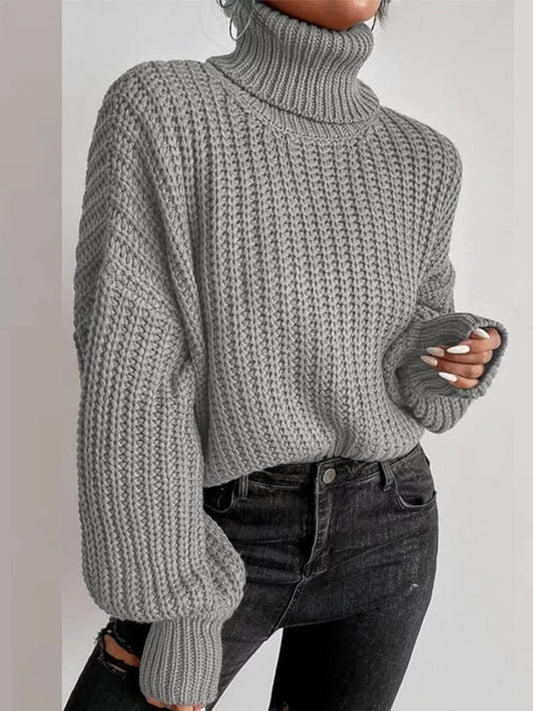 Chunky Knit Turtleneck Long Sleeve Sweater in gray, features a cozy fit and slightly stretchy material.