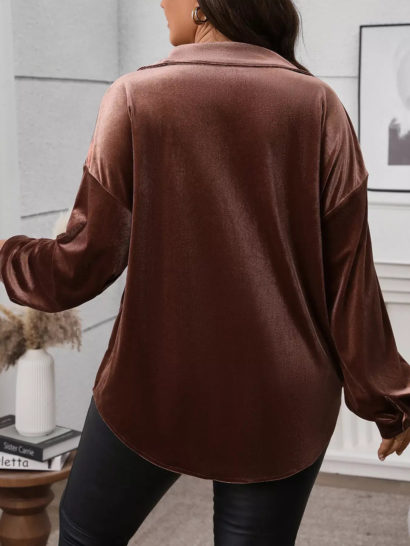Plus Size Button-Down Long Sleeve Oversized Shirt in a warm brown color, showcasing its relaxed fit and soft fabric.