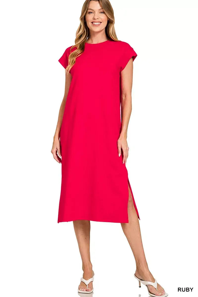 Zenana Round Neck Side Slit Midi Dress in vibrant pink, featuring a classic round neckline and stylish side slits.