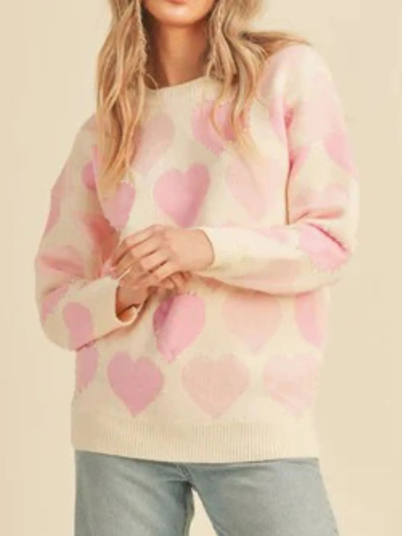 Heart Ribbed Hem Long Sleeve Sweater for Everyday Style featuring a playful heart pattern in pink and beige.