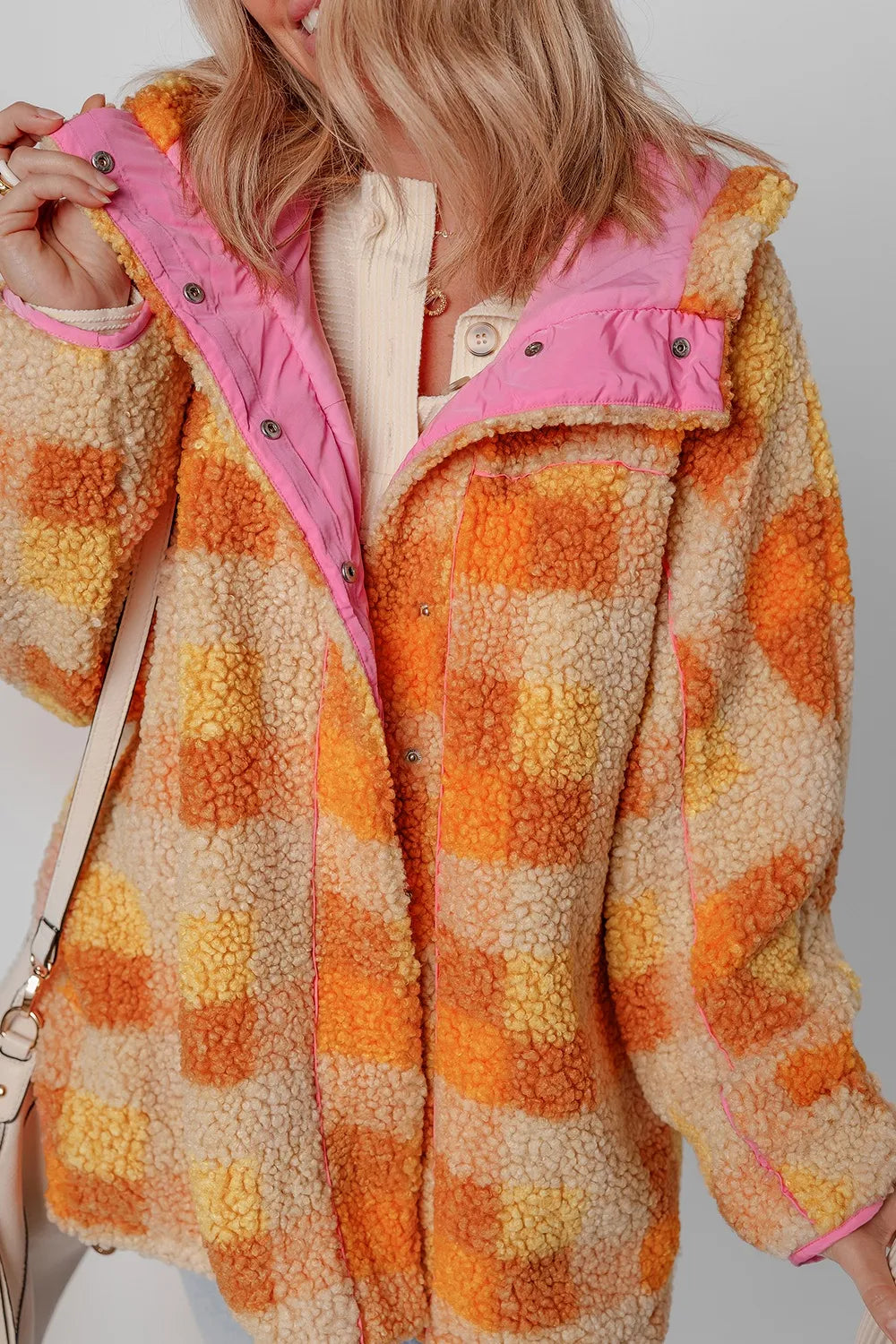 Checkered Long Sleeve Sherpa Hooded Jacket for cozy everyday wear, featuring orange and yellow checkered pattern.