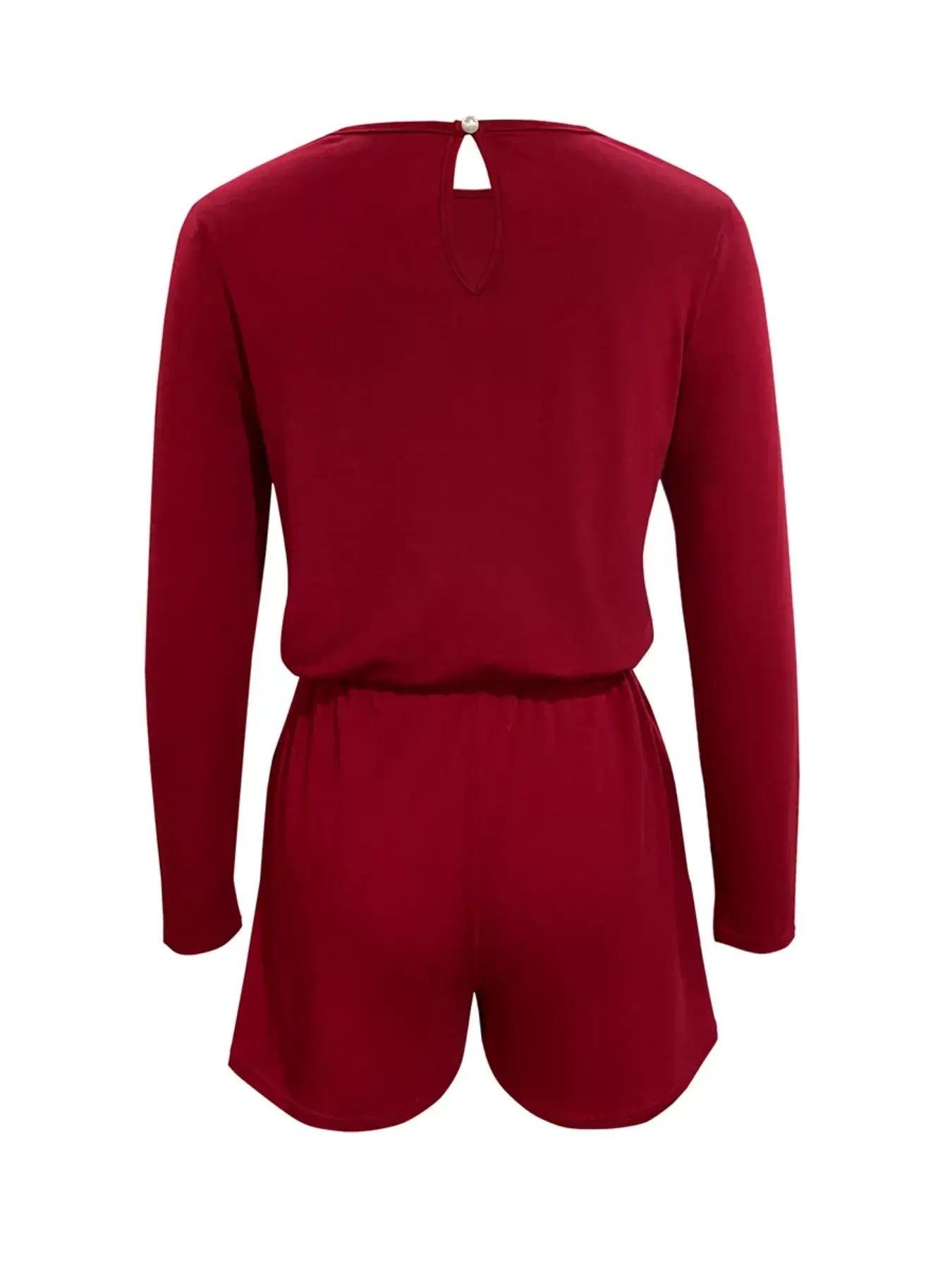 Back view of a Long Sleeve Drawstring Romper in burgundy color, showcasing the drawstring waist and long sleeves.