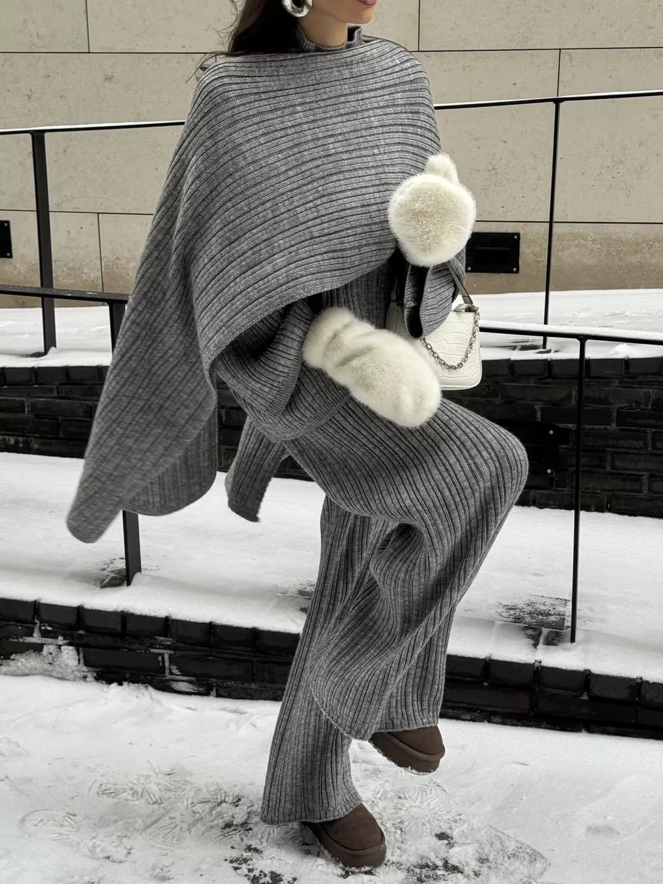 3 Piece Ribbed Sweater and Wide Leg Pants Set with Scarf worn outdoors in snowy setting, showcasing modern style and comfort.