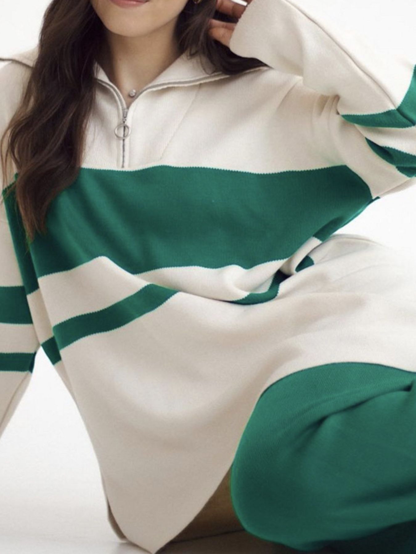 Long Sleeve Top and Pants Sweater Set featuring a stylish green and cream striped design.