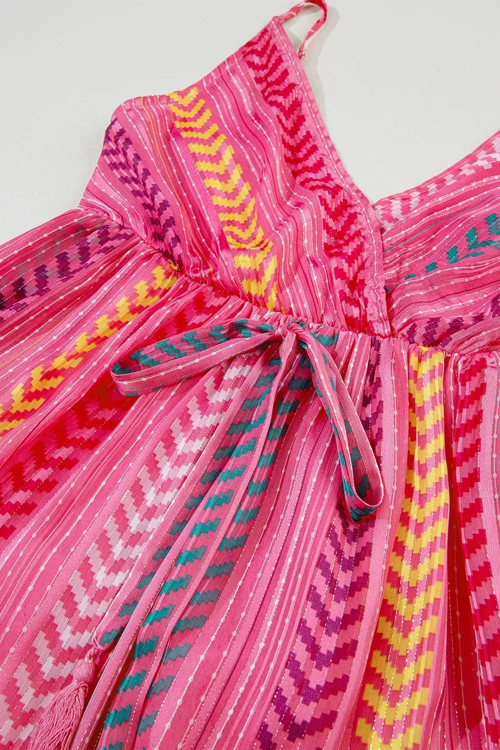 Printed Surplice Maxi Cami Dress featuring a vibrant pink pattern and stylish tie detail.