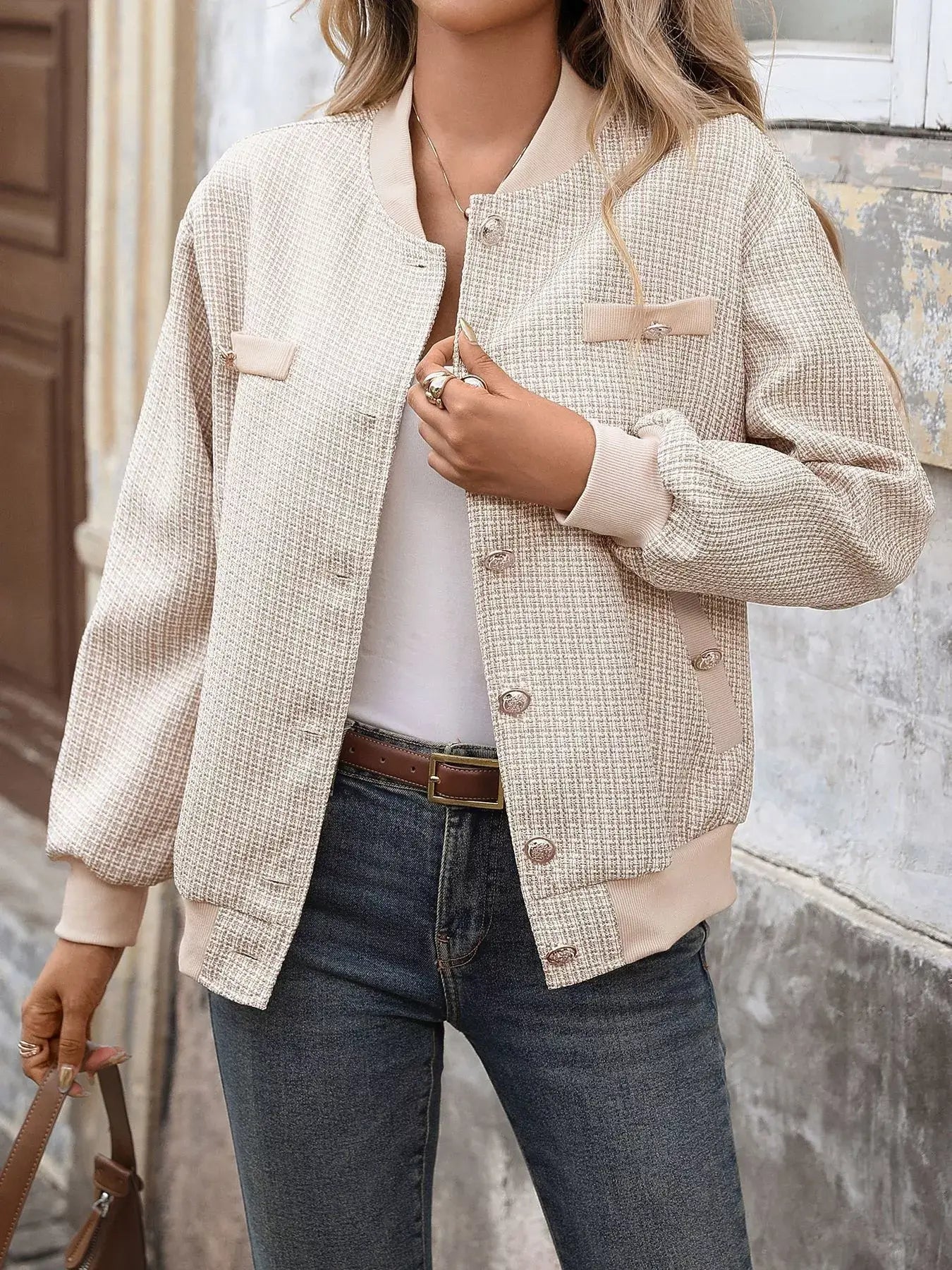 Button Up Long Sleeve Jacket with Pockets for Women in a stylish light beige color, featuring button closure and a chic design.