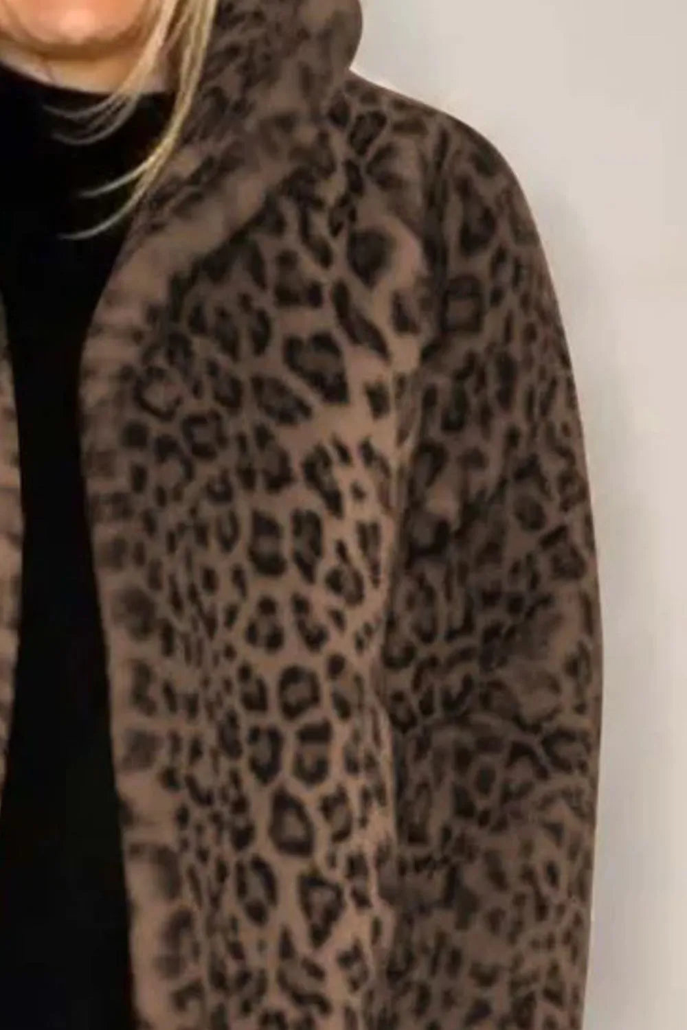 Full Size Leopard Furry Collared Neck Long Sleeve Coat close-up showing the soft leopard print fabric and collar.