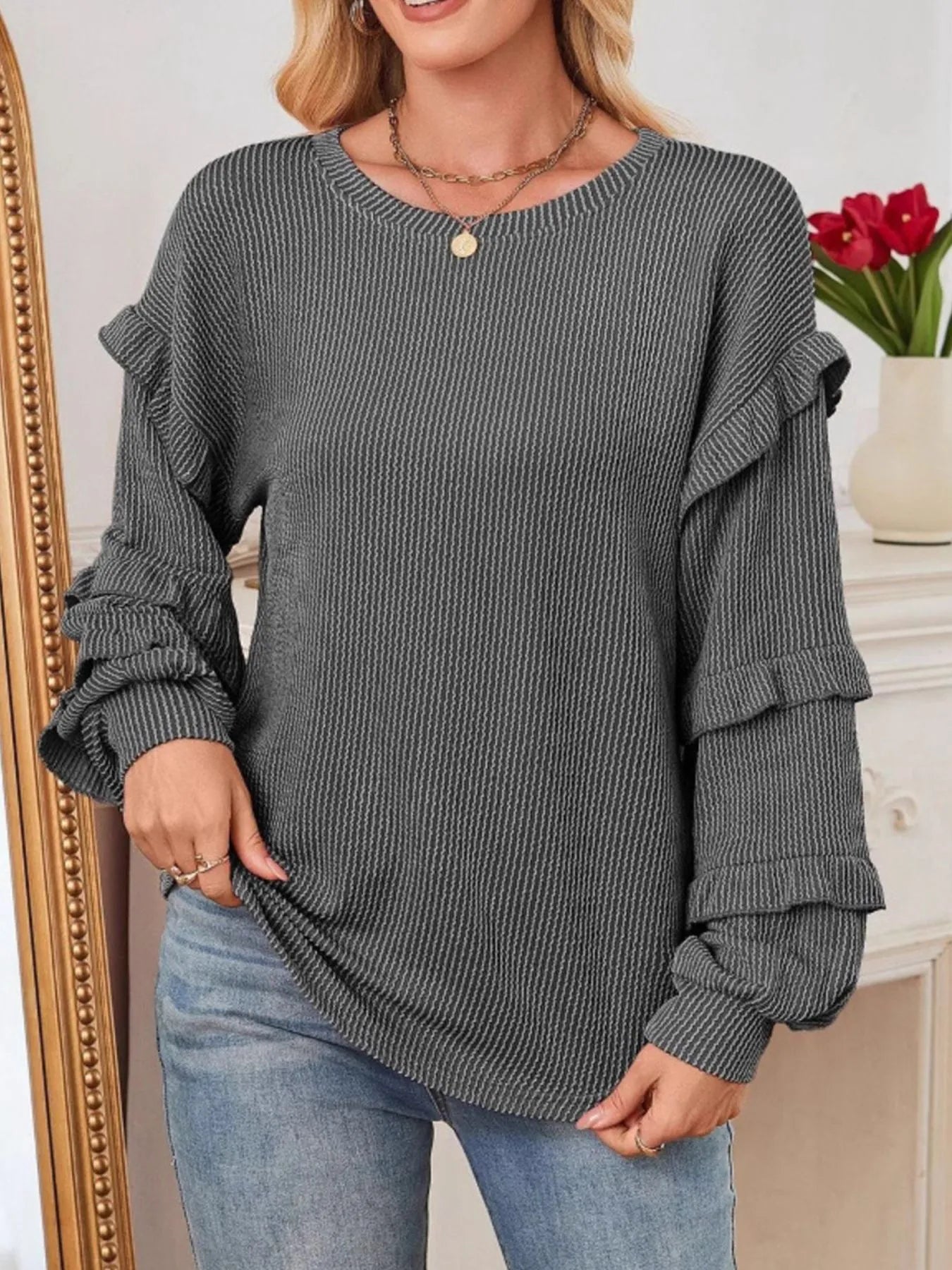 Ruffled Round Neck Long Sleeve Sweatshirt in gray with ruffled sleeves, featuring a comfortable fit for everyday style.