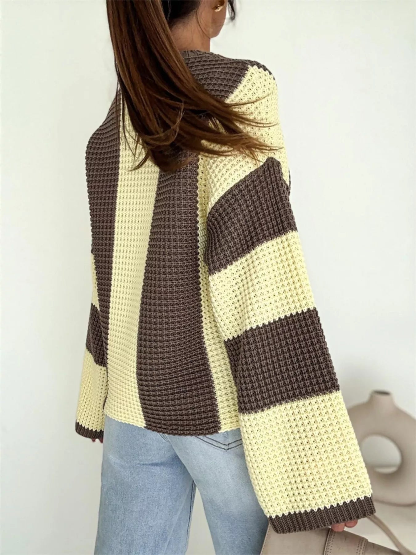 Color Block Long Sleeve Sweater in oversized cozy knit, featuring brown and yellow stripes, perfect for casual wear.