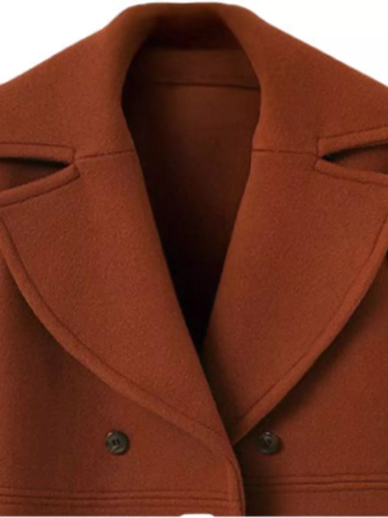 Double-Breasted Long Sleeve Coat featuring a stylish collar and double-button closure in rich rust color.
