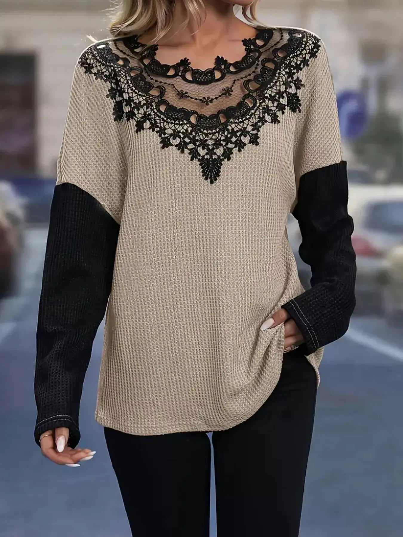 Lace detail color block long sleeve t-shirt in beige and black, stylish and comfortable design for everyday wear.