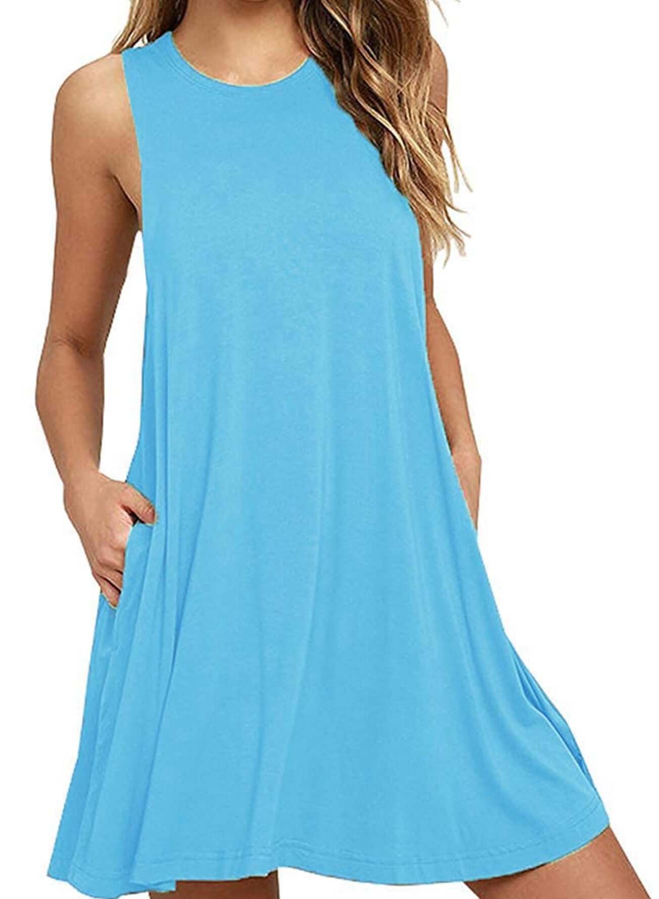 Full size round neck sleeveless dress in blue with pockets for casual comfort and style.