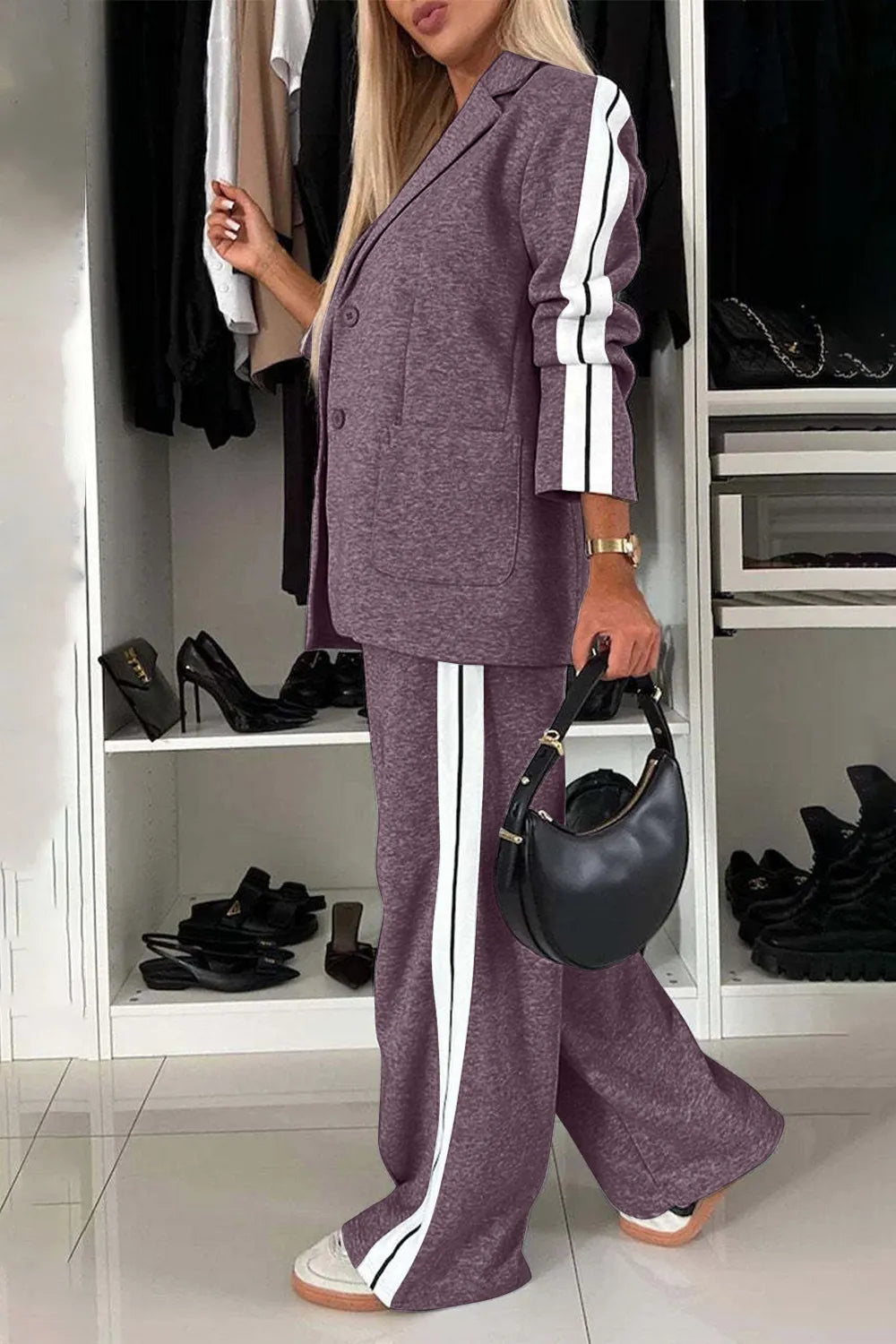 Full Size Contrast Lapel Collar Top and Pants Set styled with a black handbag, showcasing a chic everyday outfit.