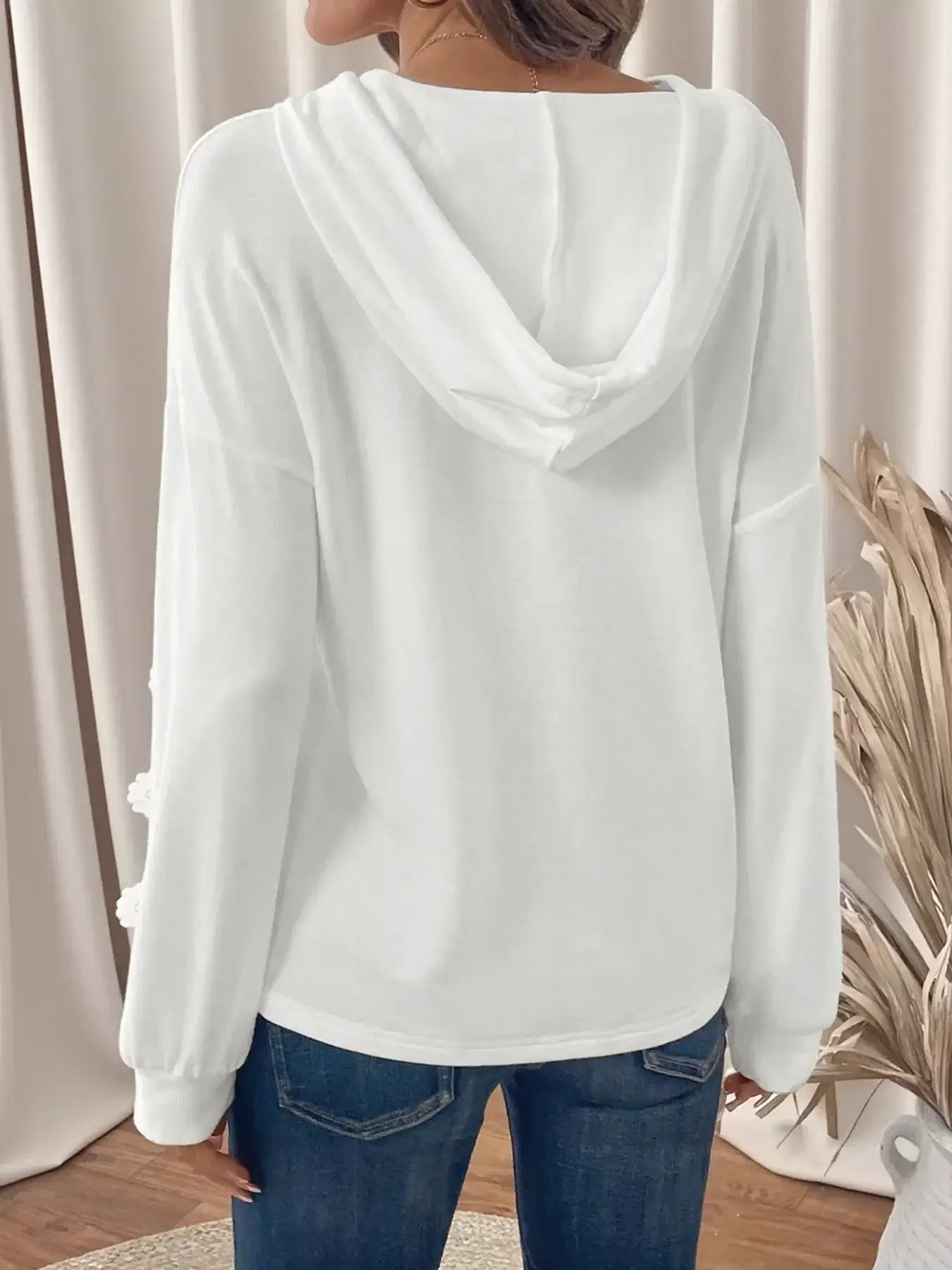 Lace Detail Long Sleeve Drawstring Hoodie featured in white, showcasing the back design and hood.