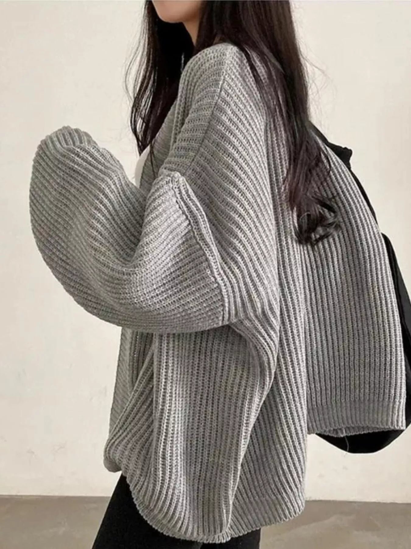 Open Front Oversized Knit Cardigan for Women in gray with long sleeves and relaxed fit.