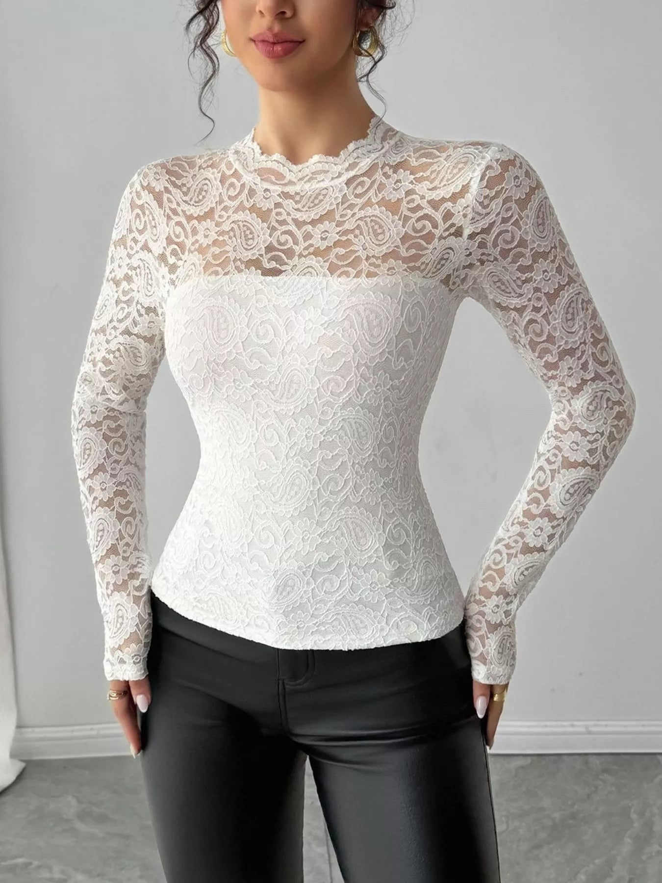 Lace Long Sleeve Top Elegant Sheer Stretch Blouse for Women, featuring a fitted white lace design.