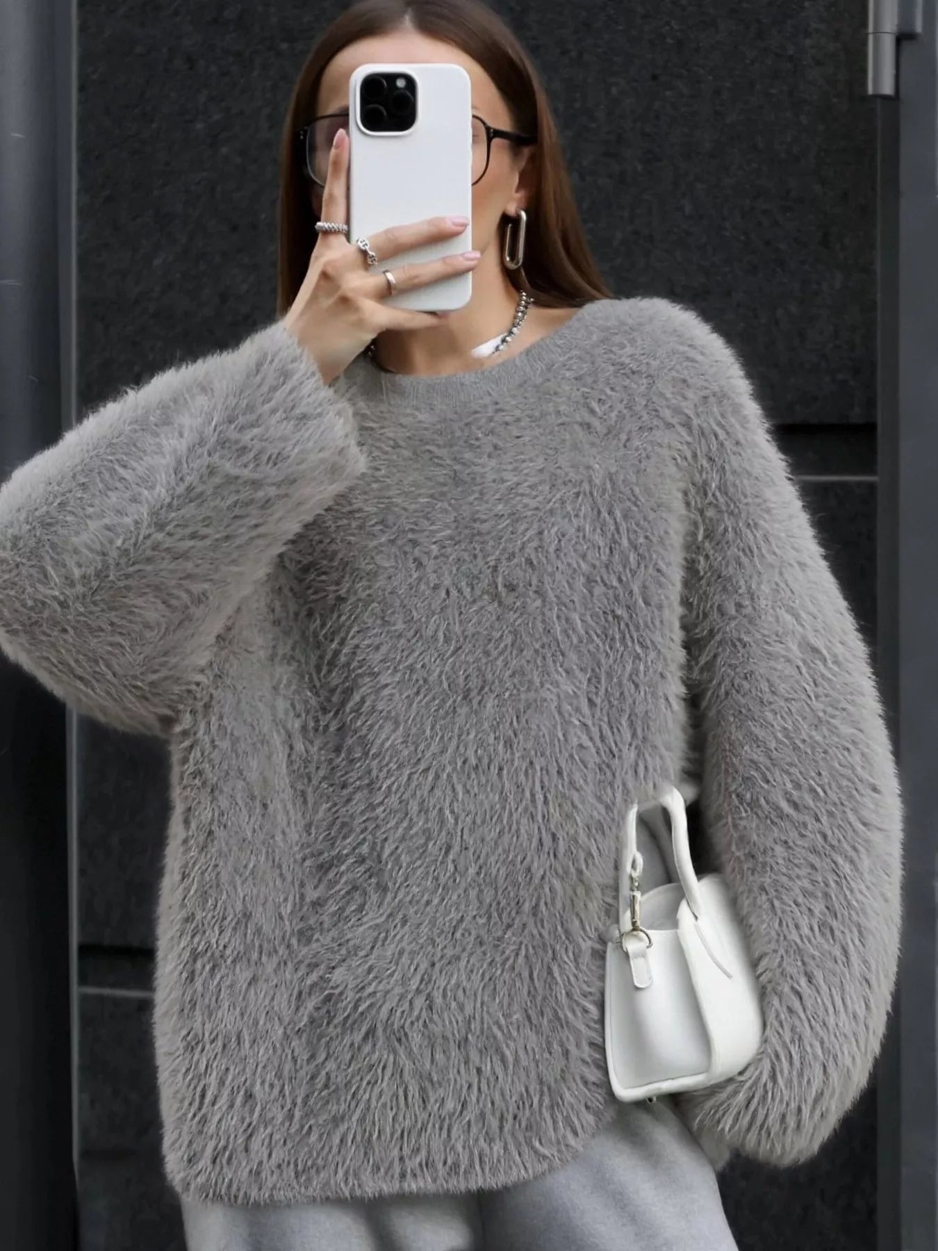 Fuzzy Round Neck Long Sleeve Sweater Cozy Women’s Pullover in soft gray color, featuring a relaxed fit and slightly stretchy material.