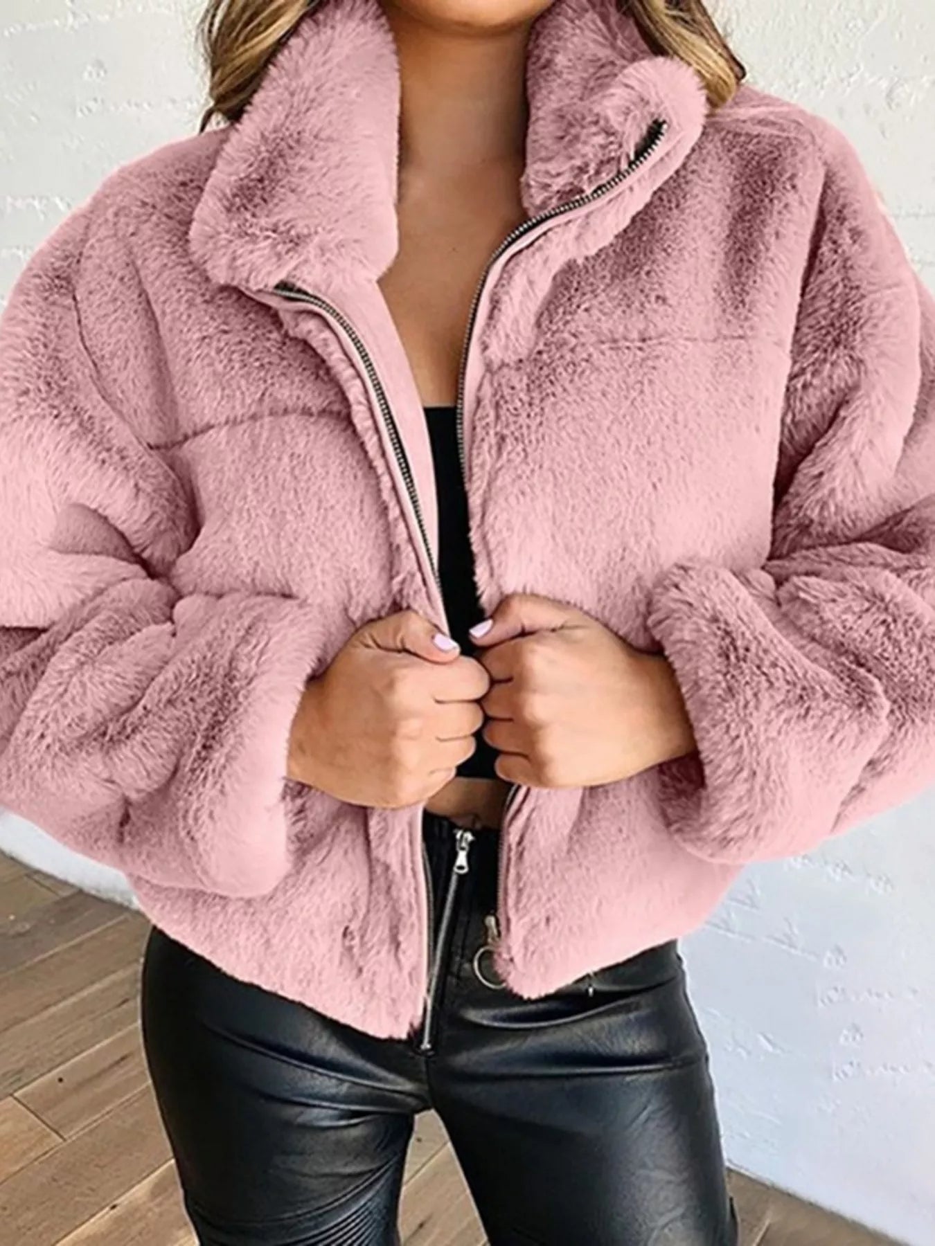 Faux Fur Cropped Zip-Up Jacket in soft pink, featuring an oversized fit and zipper closure for cozy cold-season style.