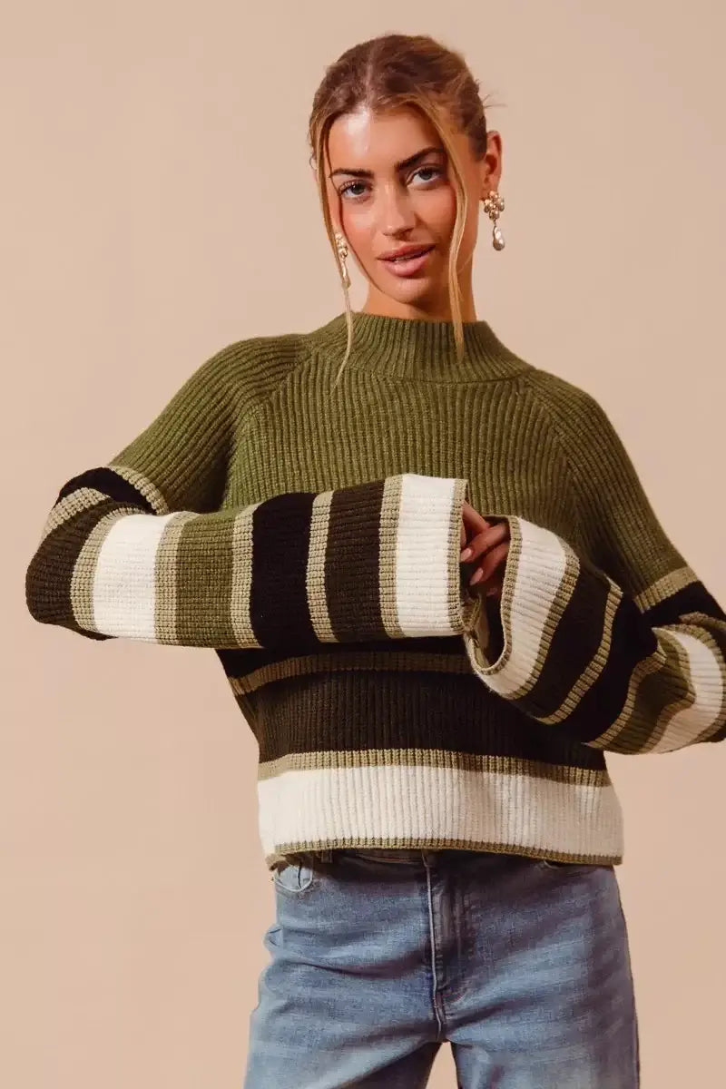 SO ME multi color striped mock neck sweater featuring playful stripes and a modern cut, perfect for casual outfits.