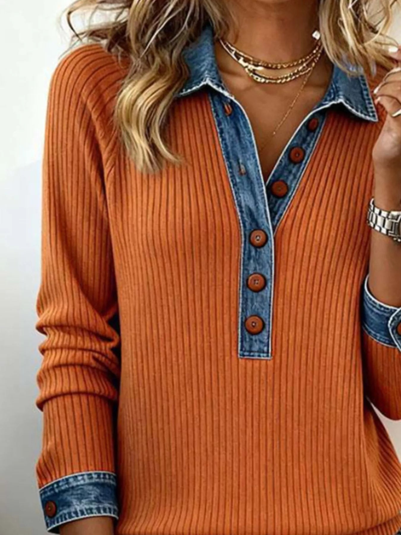Denim Trim Button Front Ribbed Knit Top featuring a stylish orange ribbed design with denim collar and button front.