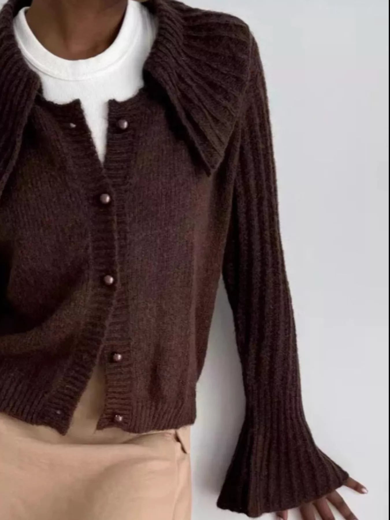 Button Up Flare Sleeve Cardigan in brown with ribbed texture and buttoned front, stylish women's sweater.
