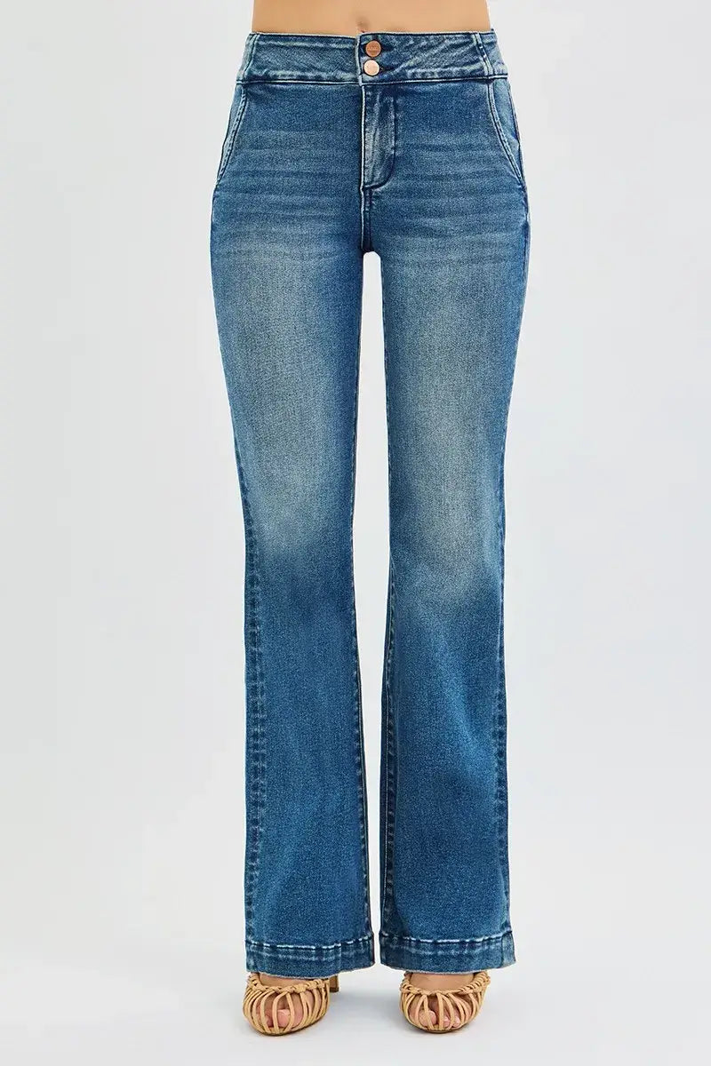 RISEN High Rise Bootcut Jeans Plus Size with double button waistband, flattering fit and retro-inspired style.
