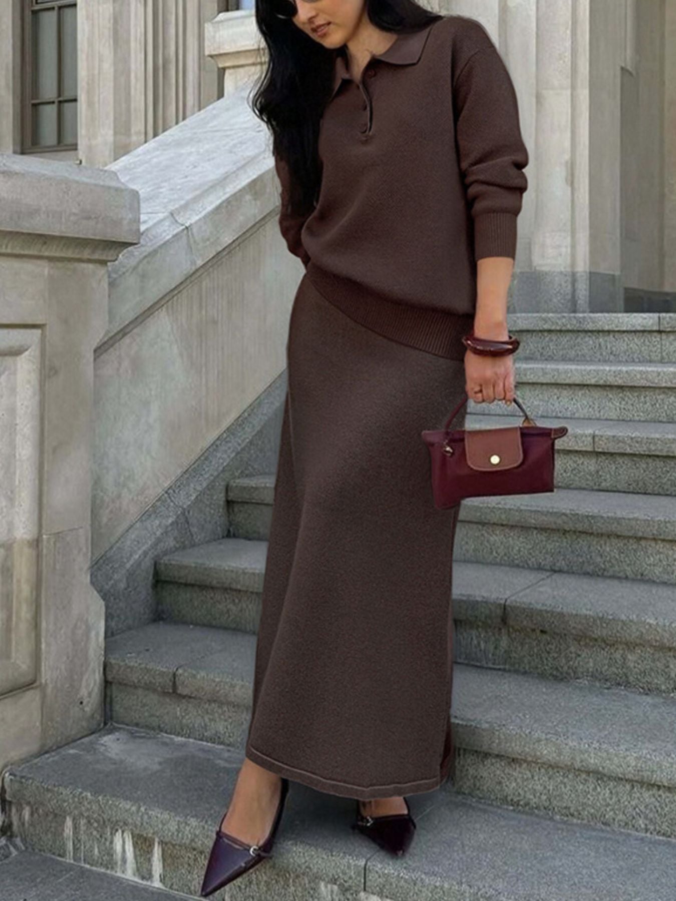 Polo Collar Knit Two Piece Set featuring a brown top and skirt outfit, styled with heels and a handbag.
