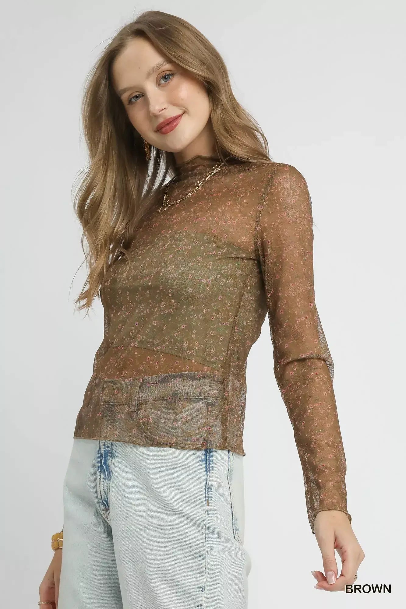 Umgee nylon lace mesh long sleeve top in brown, featuring sheer floral lace and a chic fit for elegant styling.