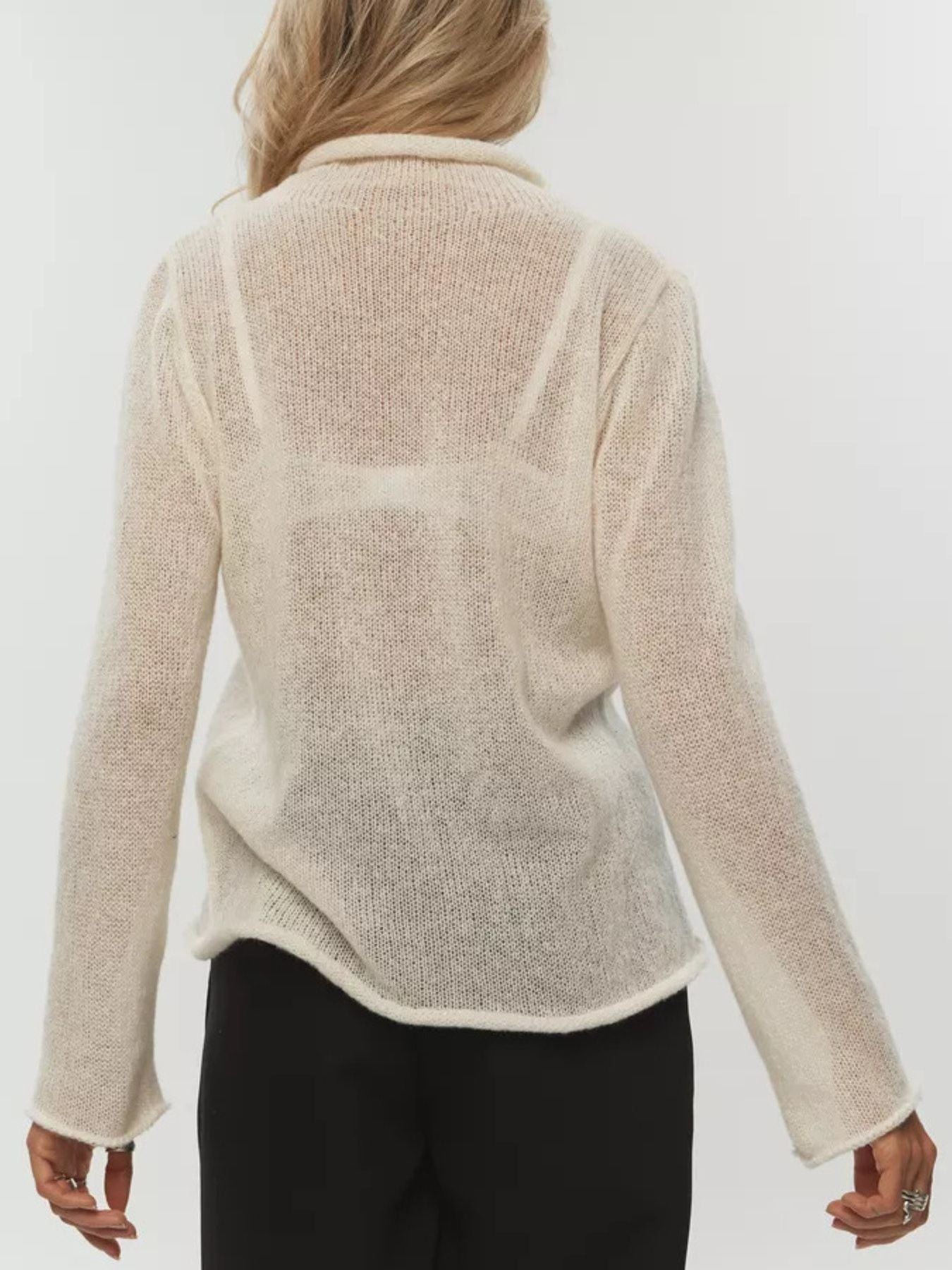 Back view of Mock Neck Long Sleeve Sweater – Classic Women's Casual Pullover in cream color.