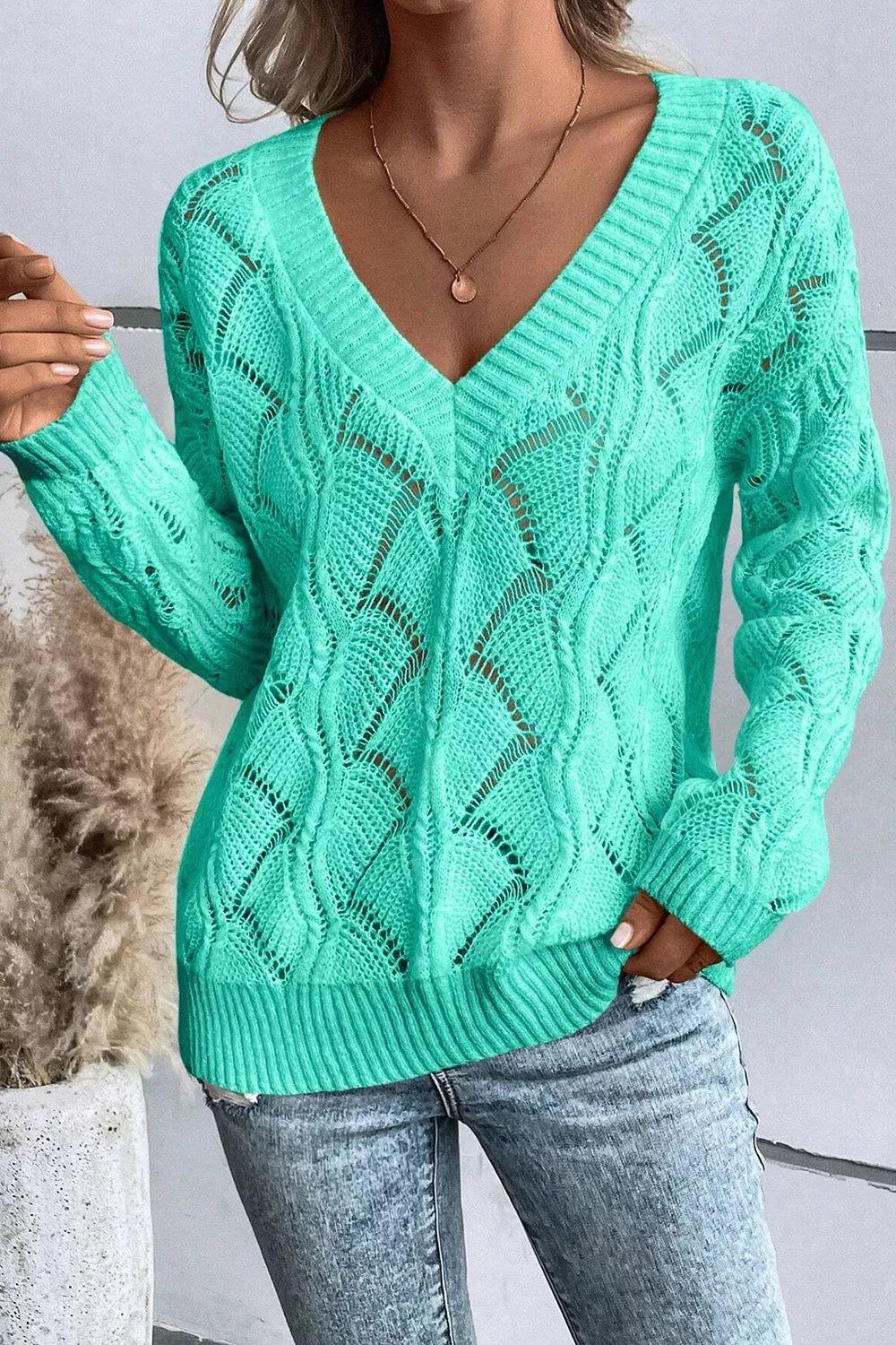Elegant Texture V-Neck Knit Top in teal featuring cable knit design and openwork detail, perfect for stylish layering.