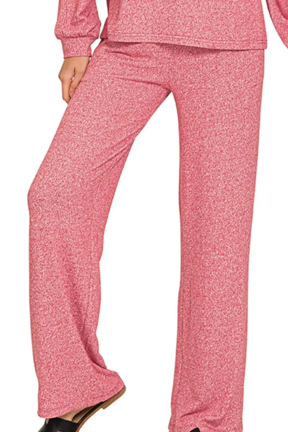 Zenana Soft Melange Long Sleeve Tee & Pants Set for Women featuring cozy pink pants with a relaxed fit.