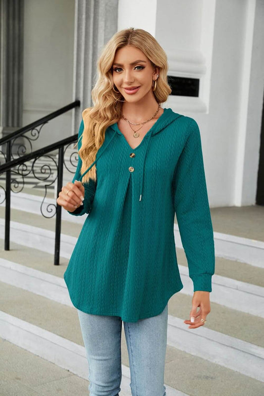 Long Sleeve Hooded Blouse in teal color, featuring a tie-neck design, long sleeves, and casual style.