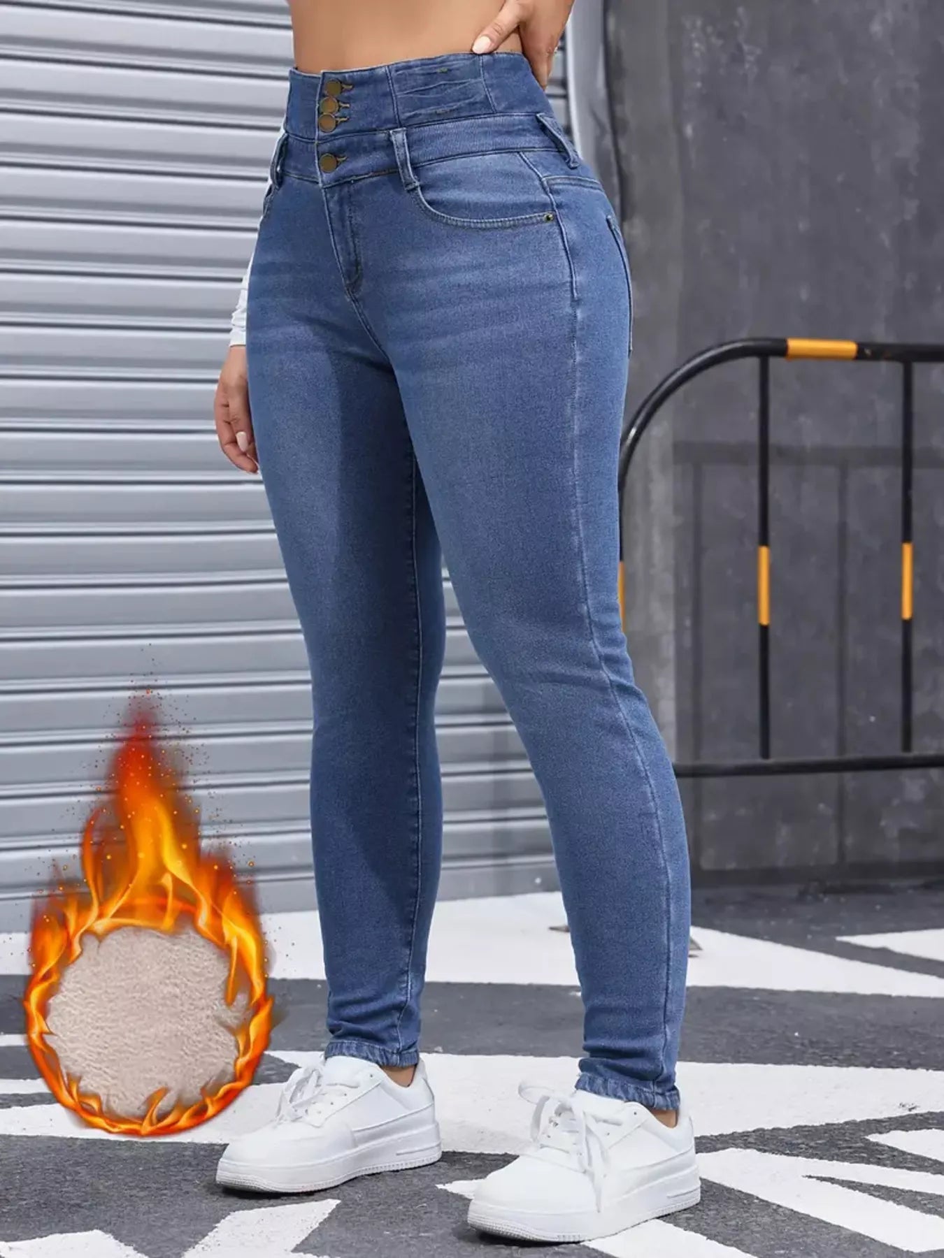 High-Waisted Slim Fit Fleece-Lined Jeans displayed in a stylish outfit, showcasing warmth and contemporary design.