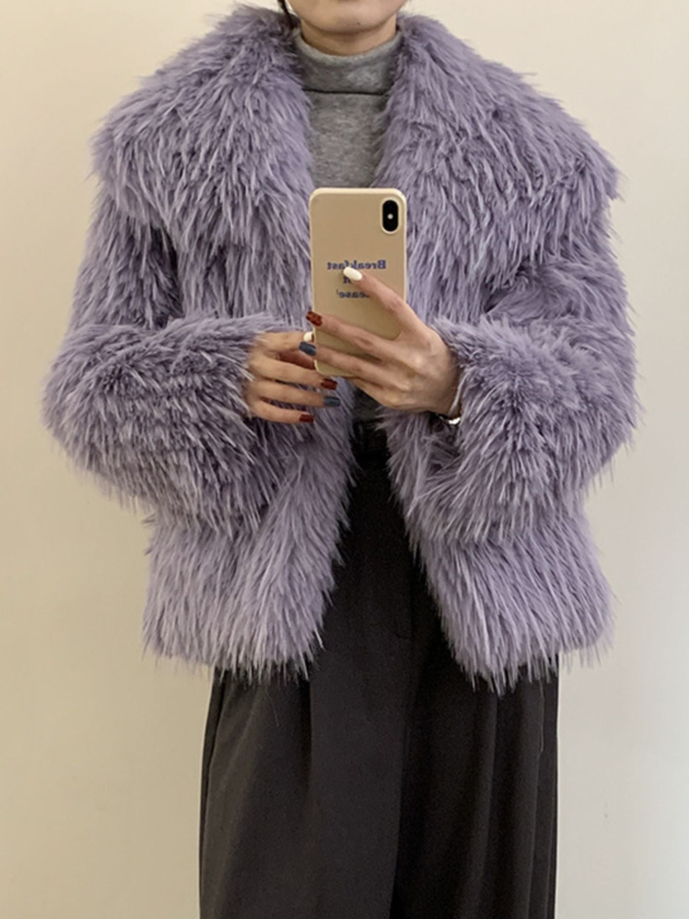 Faux Fur Open Front Outerwear in purple, featuring a cozy thick design, perfect for winter layering.