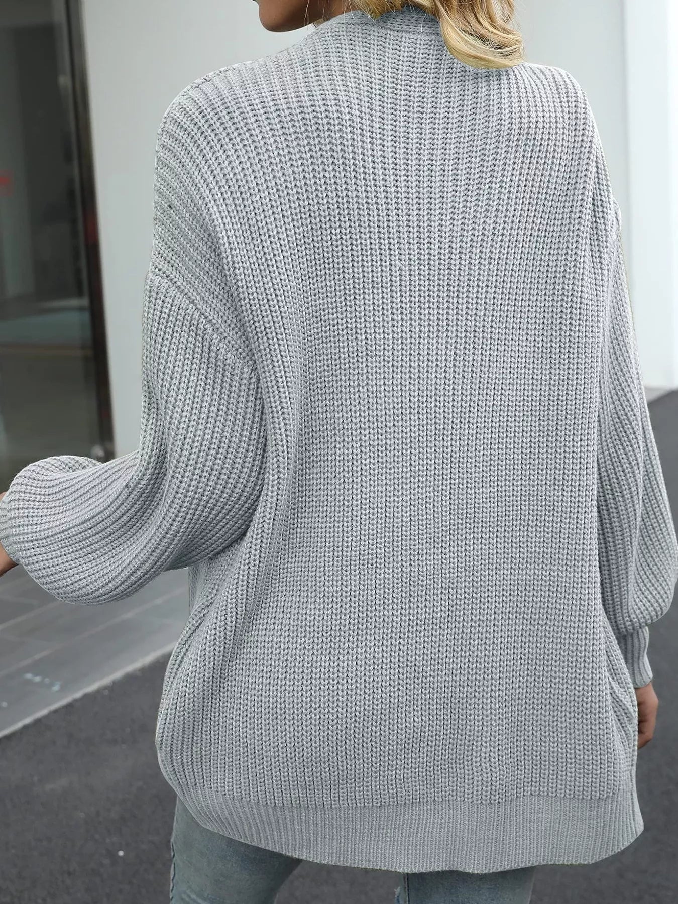 Chunky Knit Open Front Cardigan for Women in gray, showcasing oversized cozy style from the back.