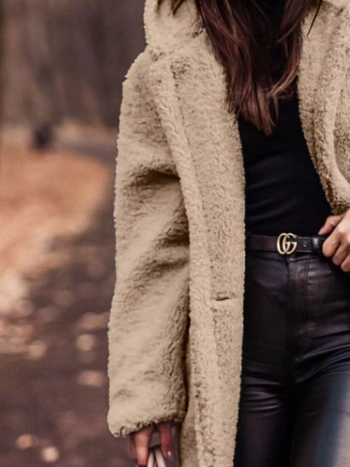 Teddy Bear Hooded Longline Outerwear for cozy everyday style, featuring buttoned design and pockets, styled casually.