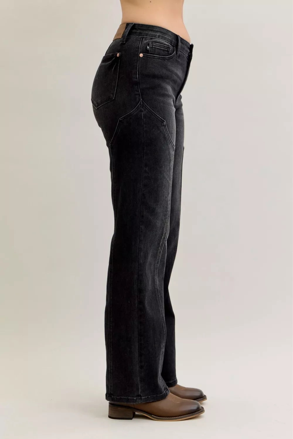 Judy Blue Mid Rise Straight Western Seam Jeans displayed in a side view, featuring a flattering fit and western seam detailing.