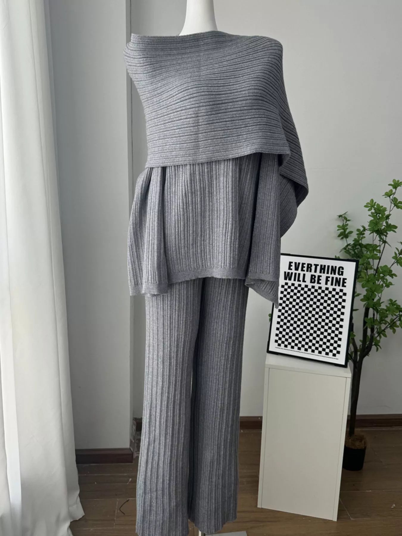 3 Piece Ribbed Sweater and Wide Leg Pants Set with Scarf displayed on a mannequin in gray color.