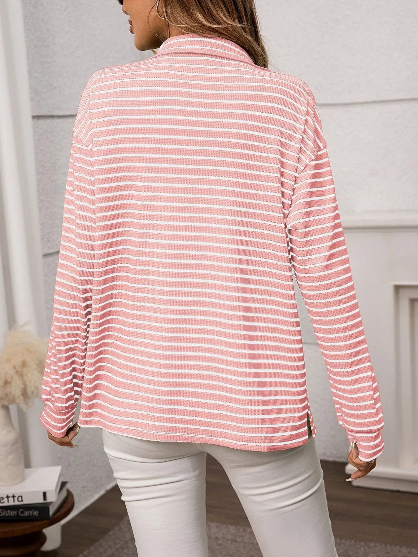 Back view of a Striped Button Up Long Sleeve Shirt in pink and white stripes, showcasing its casual design for everyday wear.