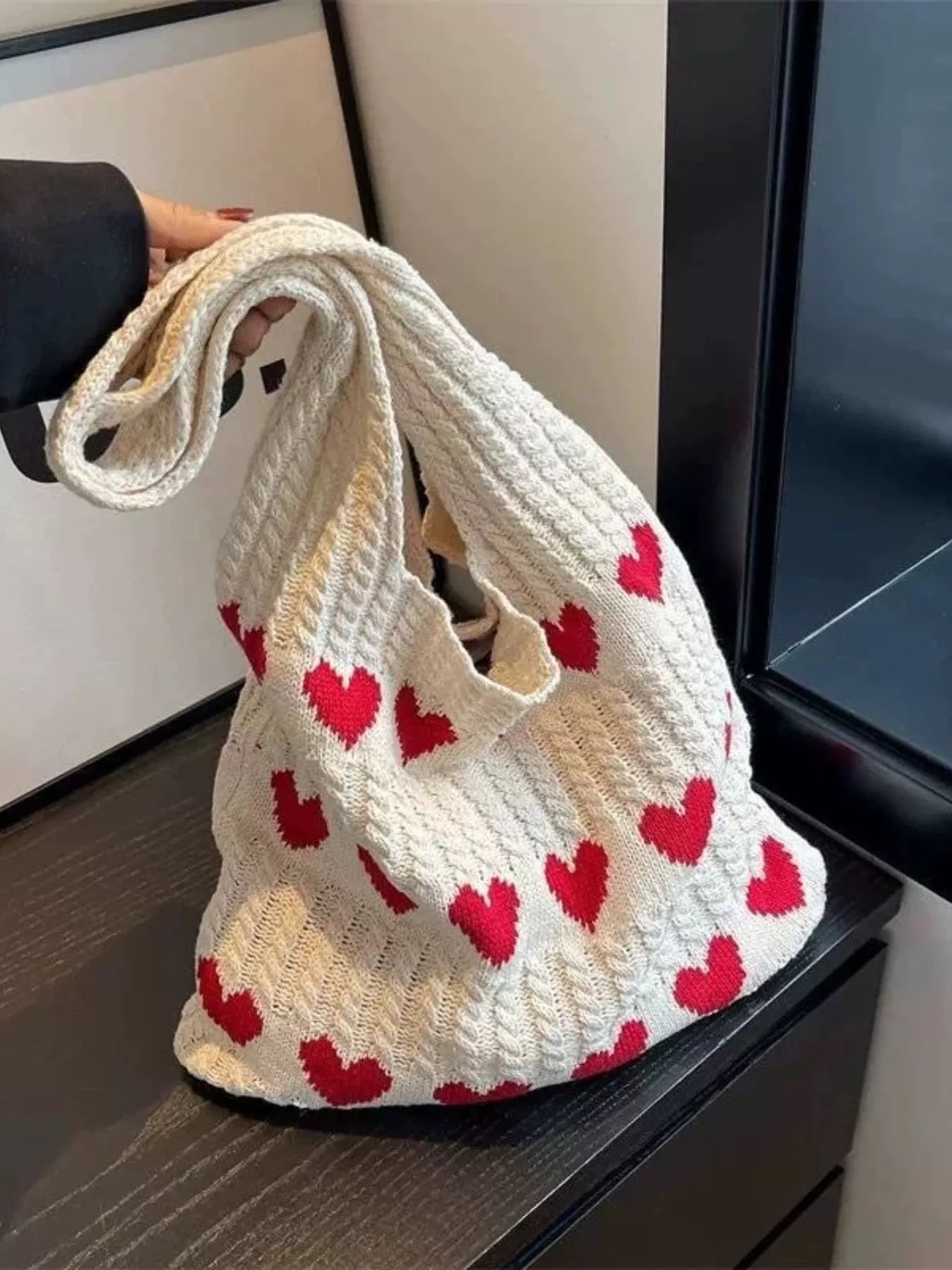 Heart Pattern Knitted Handbag showing a medium-sized bag with a cream background and red heart designs, perfect for everyday casual style.