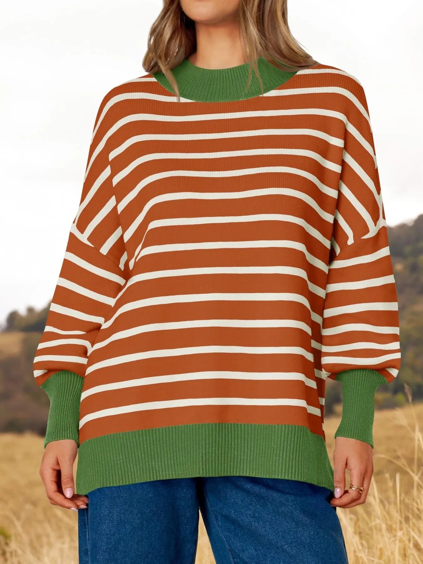 Striped Round Neck Long Sleeve Sweater in brown and white stripes with green accents, perfect for everyday style.