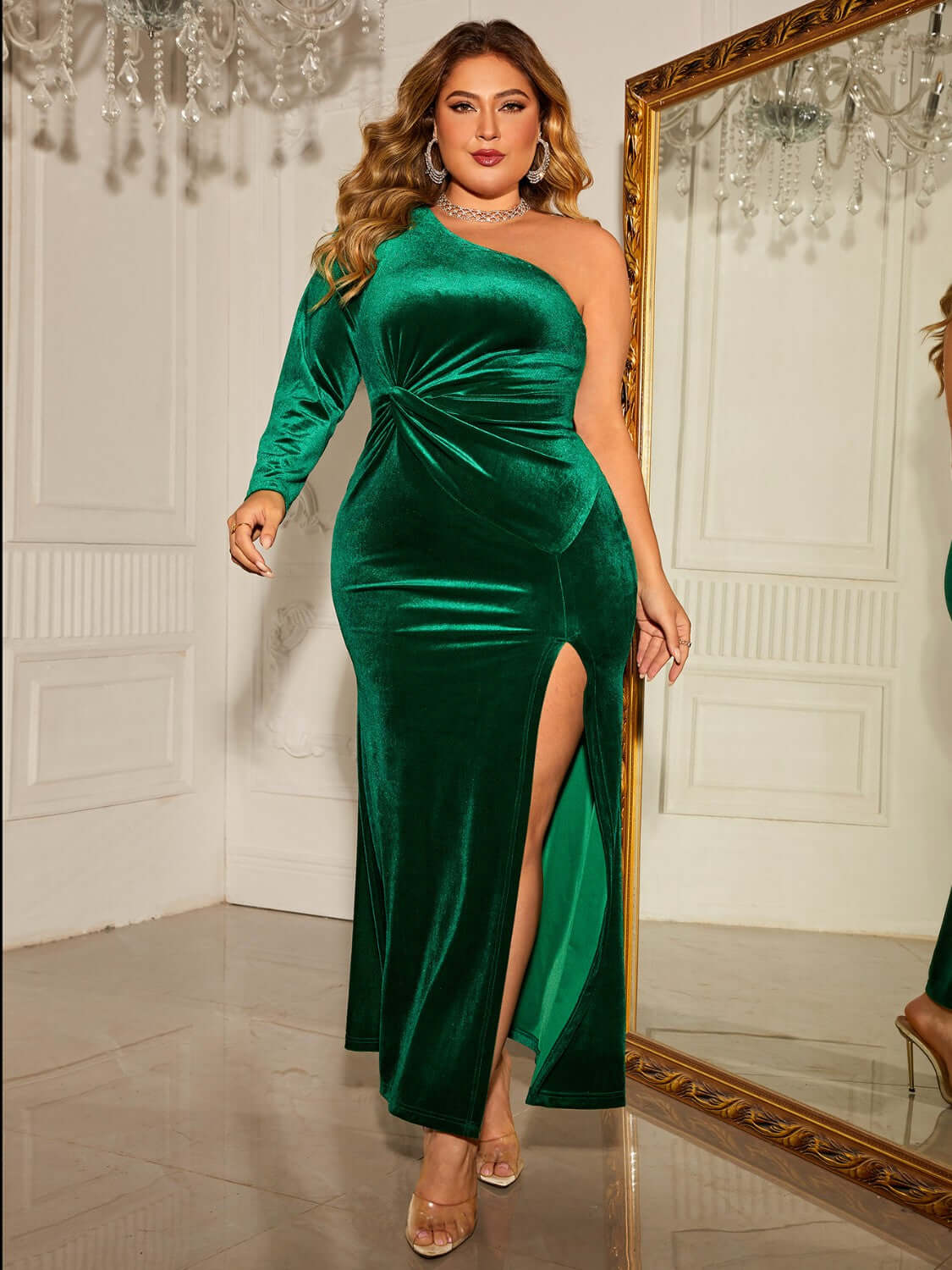 Honey Plus Size One-Shoulder Twisted Split Dress in vibrant green, featuring a thigh-high split and elegant twisted design.