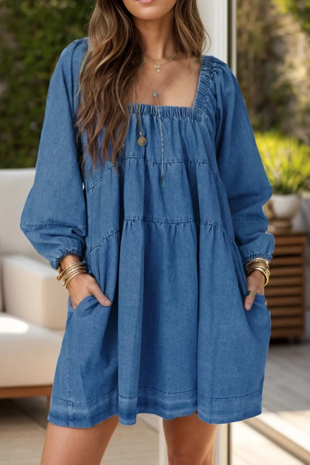 Tied Square Neck Long Sleeve Denim Dress with Pockets for Women, featuring a relaxed fit and casual style.