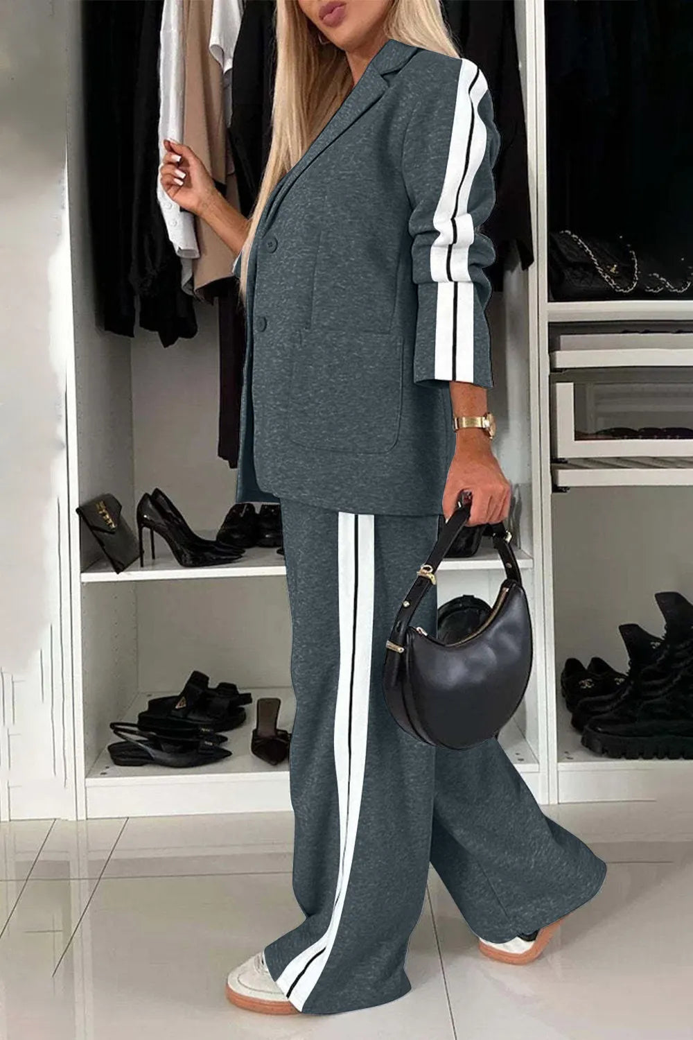 Full Size Contrast Lapel Collar Top and Pants Set in grey with white stripes, showcasing a stylish look and trendy design.