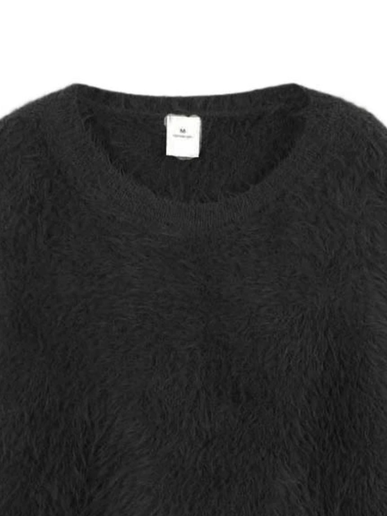 Fuzzy Round Neck Long Sleeve Sweater close-up showing the soft texture and neckline detail of the cozy women’s pullover.